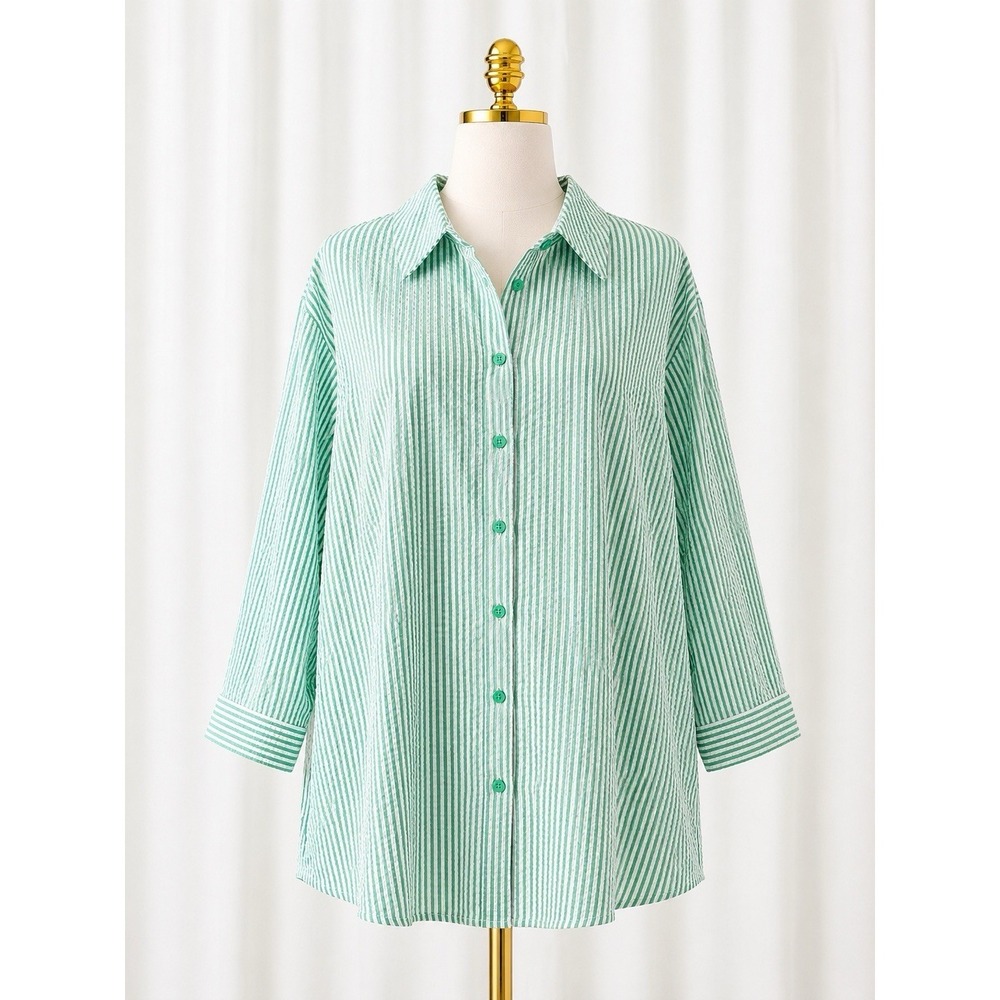 New Joan Rivers Seersucker Button Front Shirt Top Green White Pockets Plus 3XP